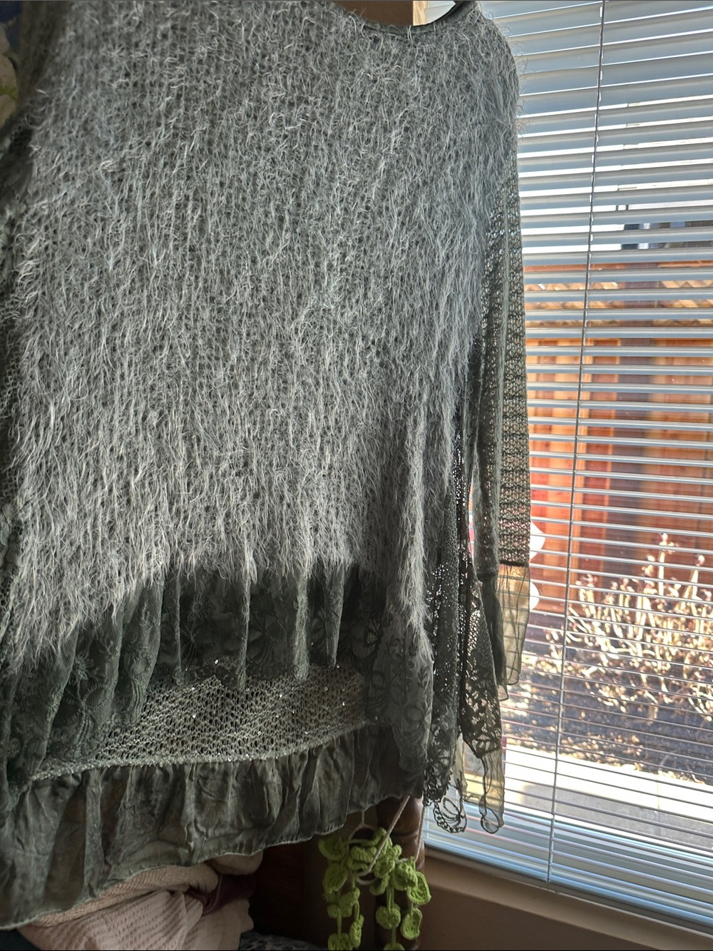 Romantic Layered Lace & Fuzzy Knit Tunic - Green